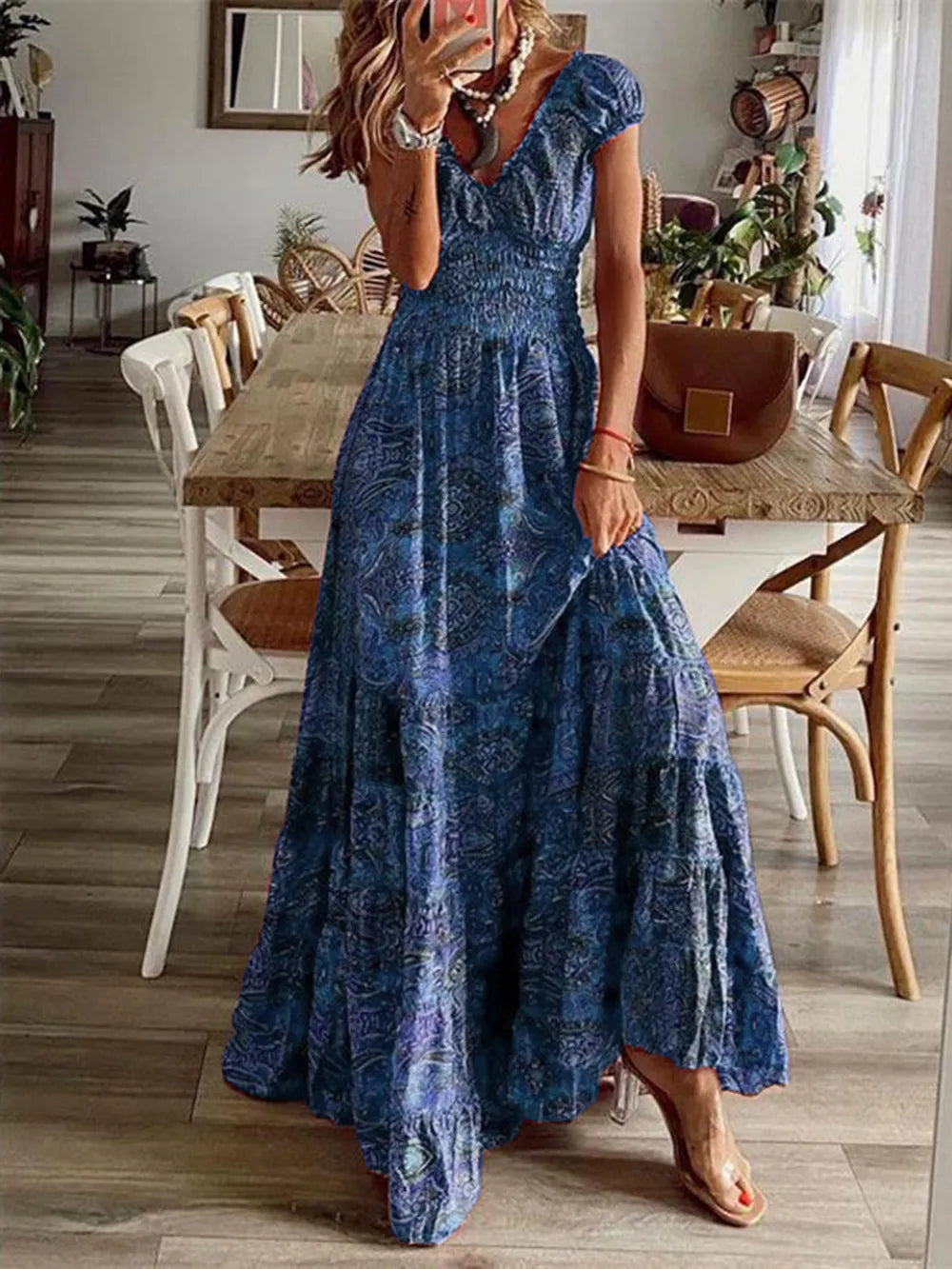 Smocked Printed V-Neck Short Sleeve Dress - product image 15