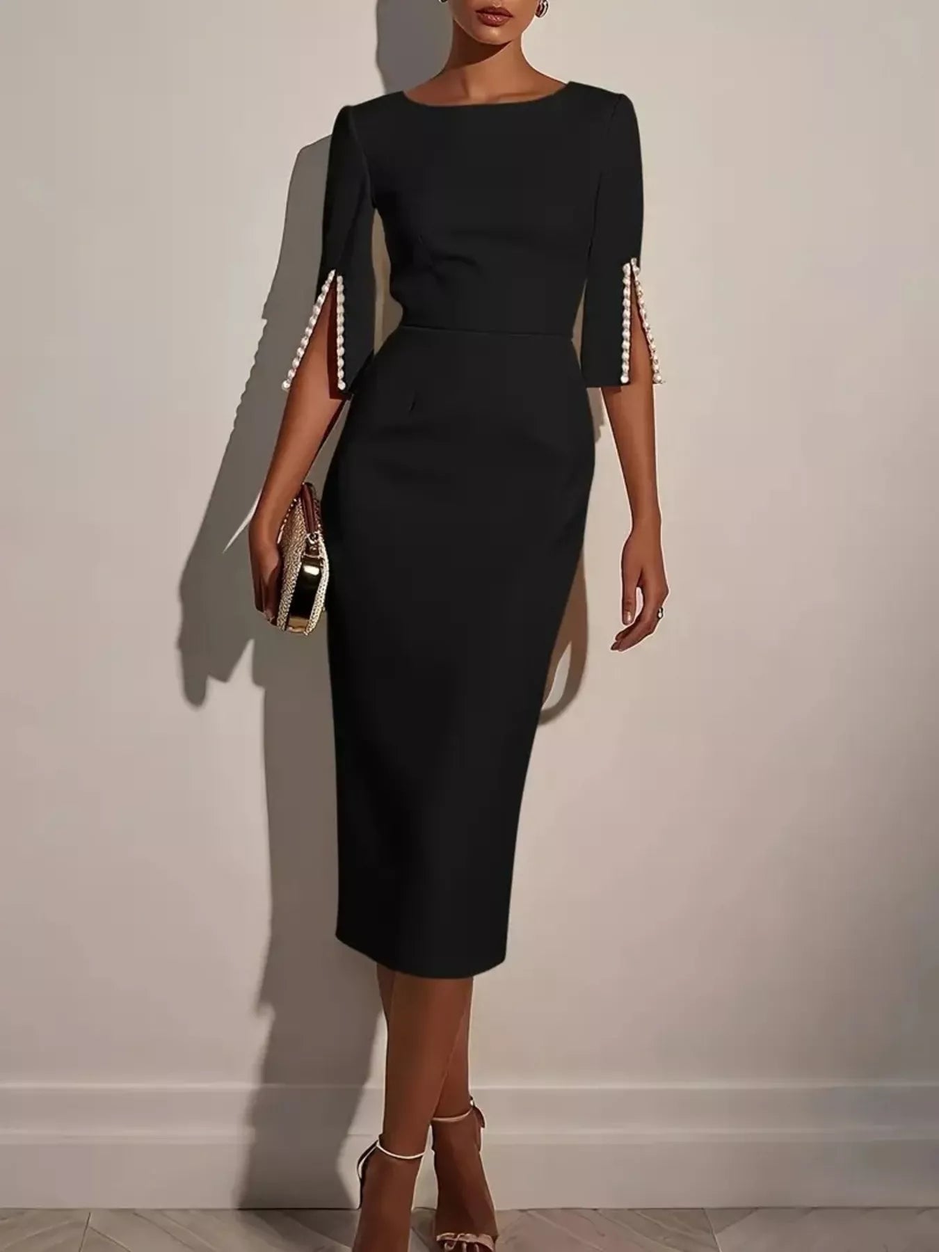 Slim-Fit Elegant Midi Dress with Beaded Slit Sleeve - product image 4