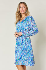 Double Take Full Size Printed Drawstring Waist Long Sleeve Dress