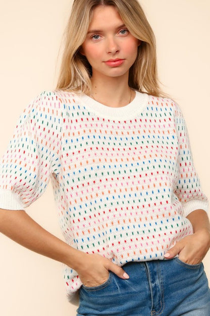 Haptics Round Neck Half Sleeve Multi Color Knit Top