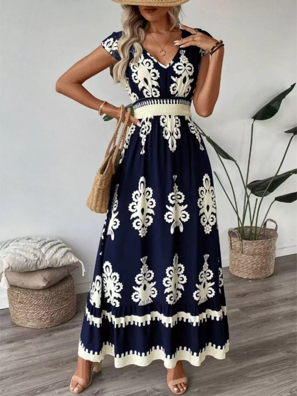 Printed V-Neck Ruffled Cap Sleeve Dress - product image 17