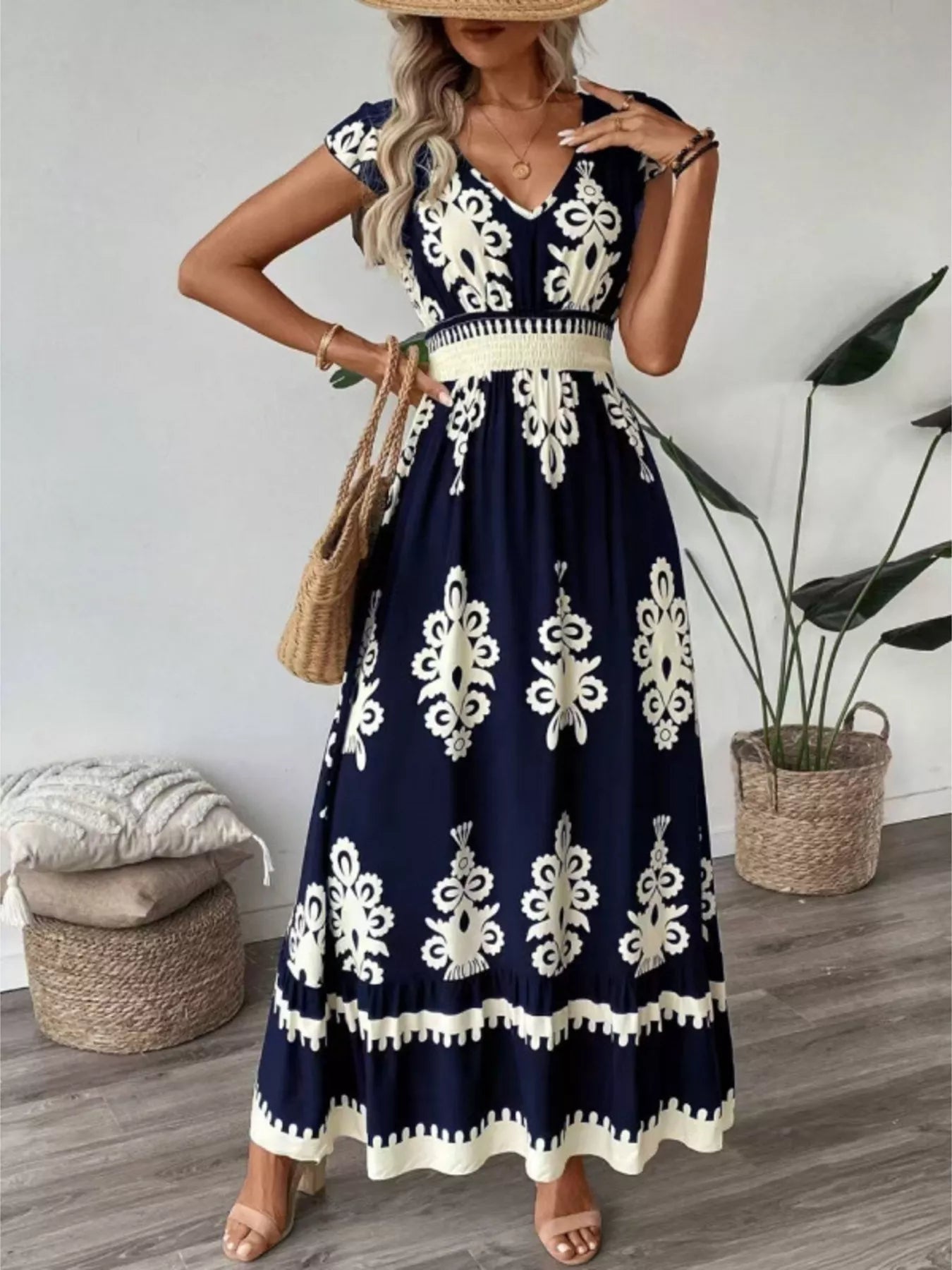Printed V-Neck Ruffled Cap Sleeve Dress - product image 17