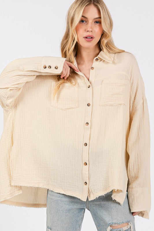 SAGE + FIG Frayed Hem Side Slit Button Down Shirt