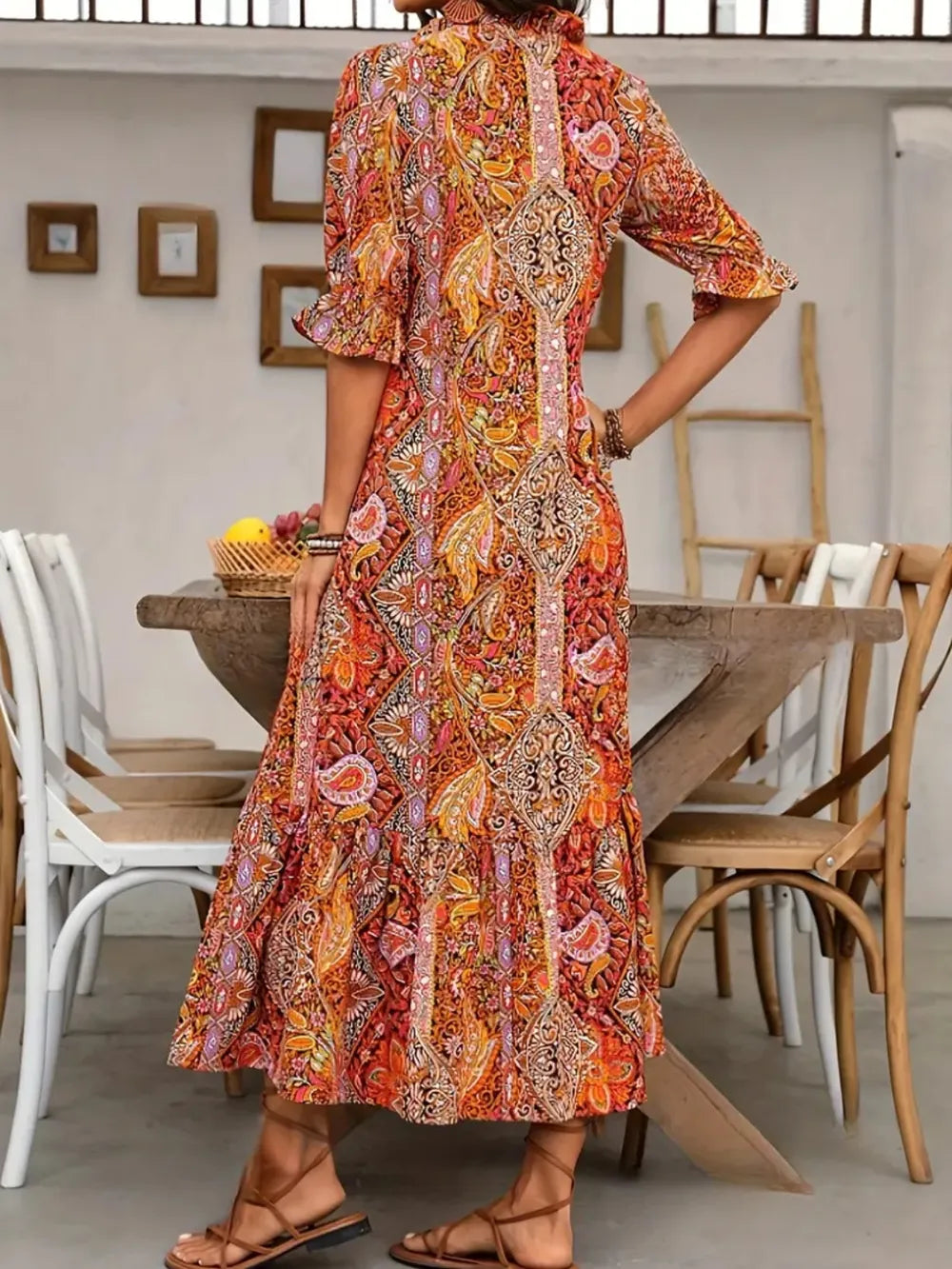 Printed Tie Neck Flounce Sleeve Midi Dress - product image 13