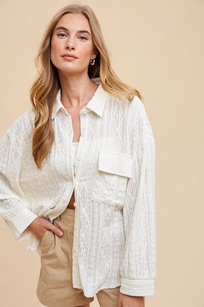 Annie Wear Openwork Button Down Drop Shoulder Shirt