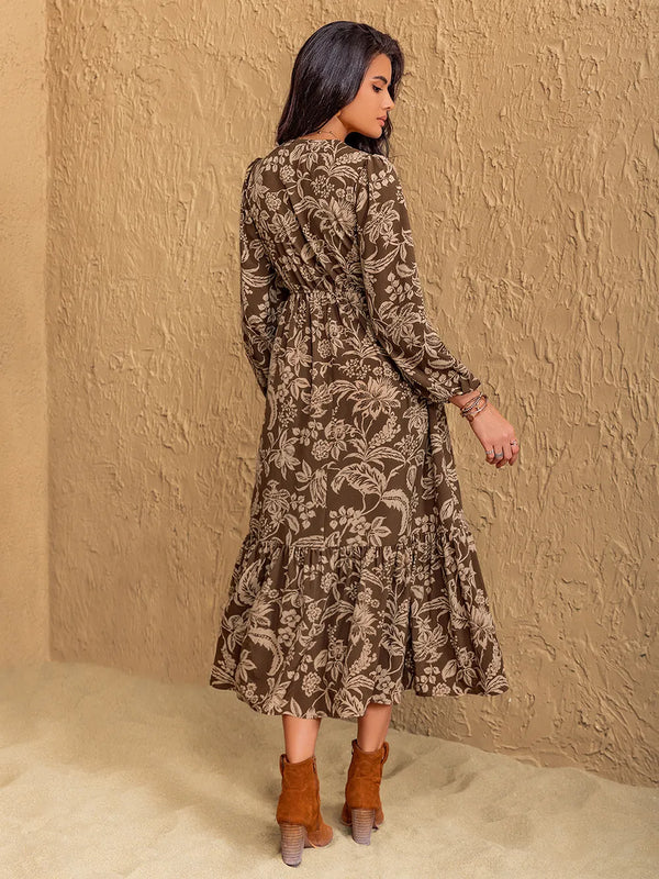Ruched Printed V-Neck Long Sleeve Midi Dress - product image 2
