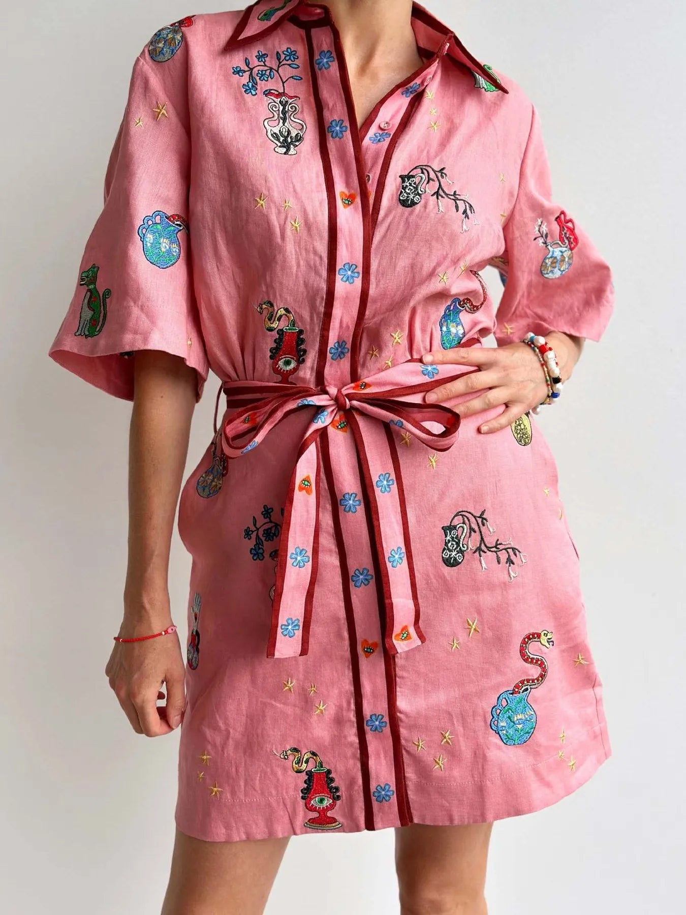 Embroidered Tie Waist Shirt Dress Main image