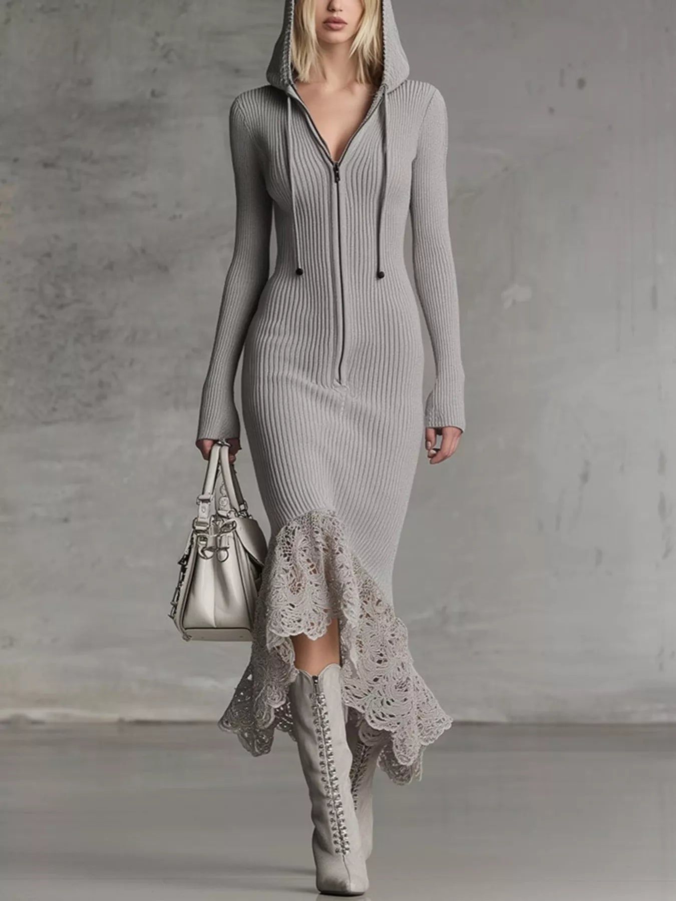 Hooded Ribbed Knit Lace Hem Midi Dress - Shopiebay women's boutique