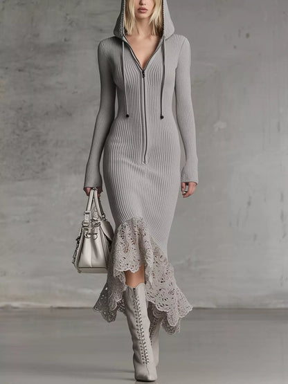 Hooded Ribbed Knit Lace Hem Midi Dress - Shopiebay women's boutique