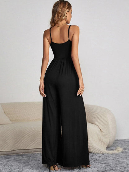 Decorative Button Spaghetti Strap Wide Leg Jumpsuit