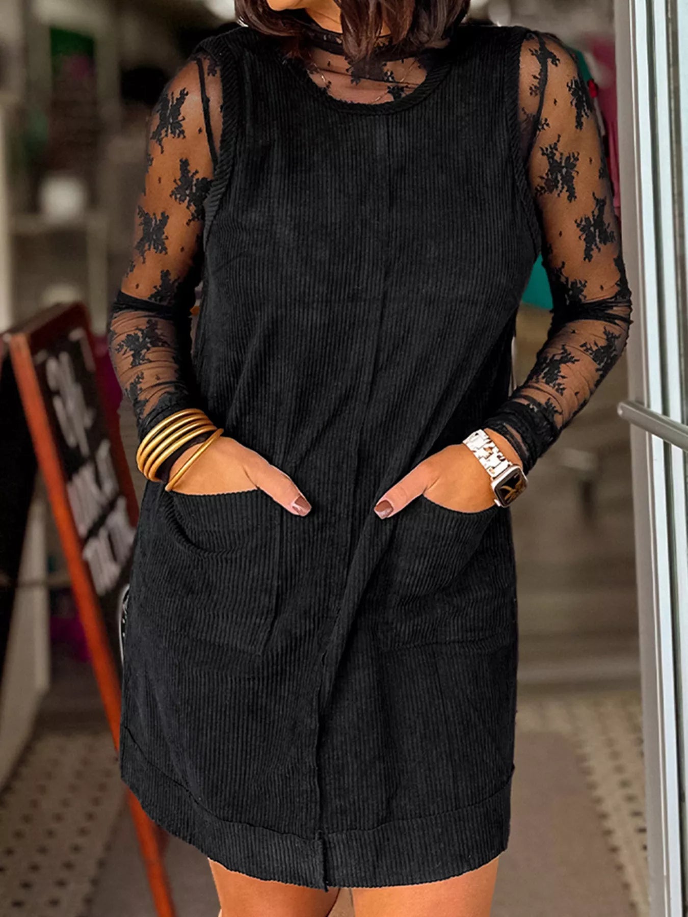 Corduroy Sleeveless Mini Dress with Patched Pockets