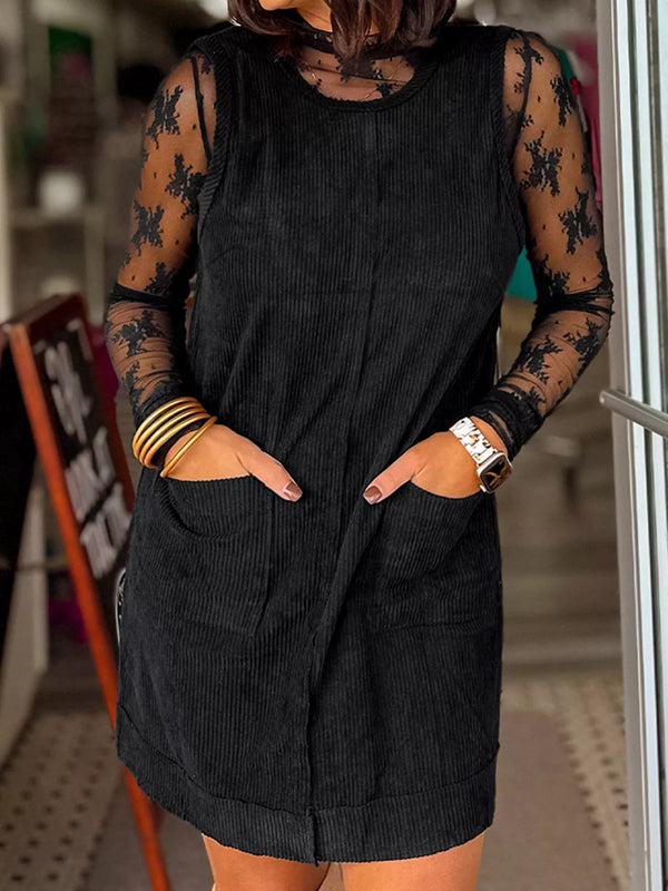Corduroy Sleeveless Mini Dress with Patched Pockets