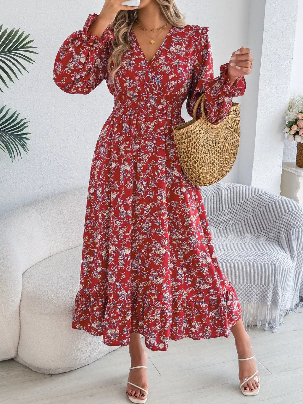 Ruffled Floral V-Neck Flounce Sleeve Dress - product image 7