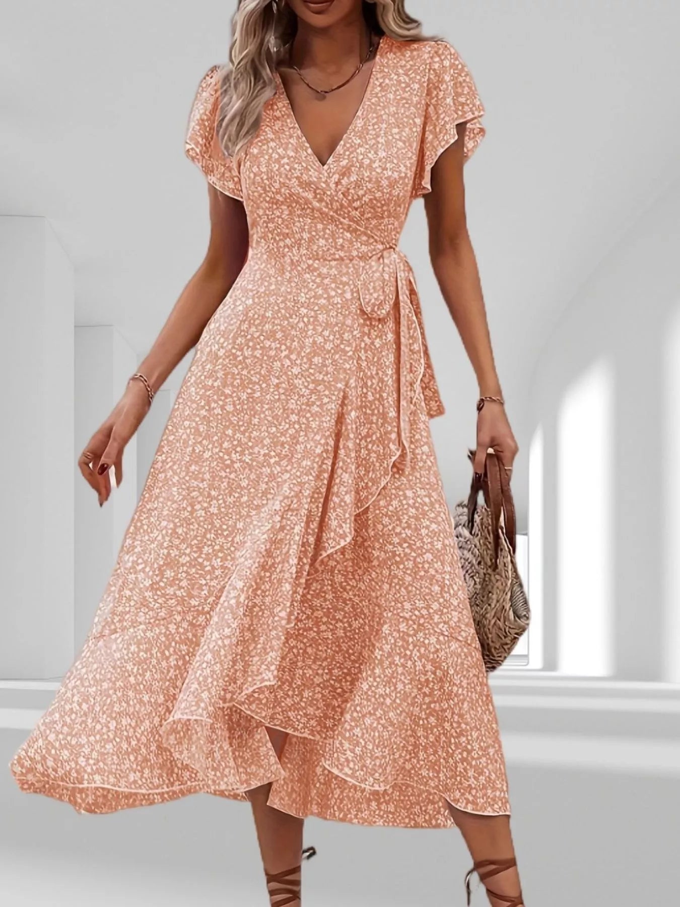 Floral Print Ruffle Hem Wrap Midi Dress view 12 - Shopiebay