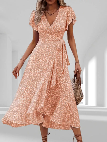 Floral Print Ruffle Hem Wrap Midi Dress view 12 - Shopiebay