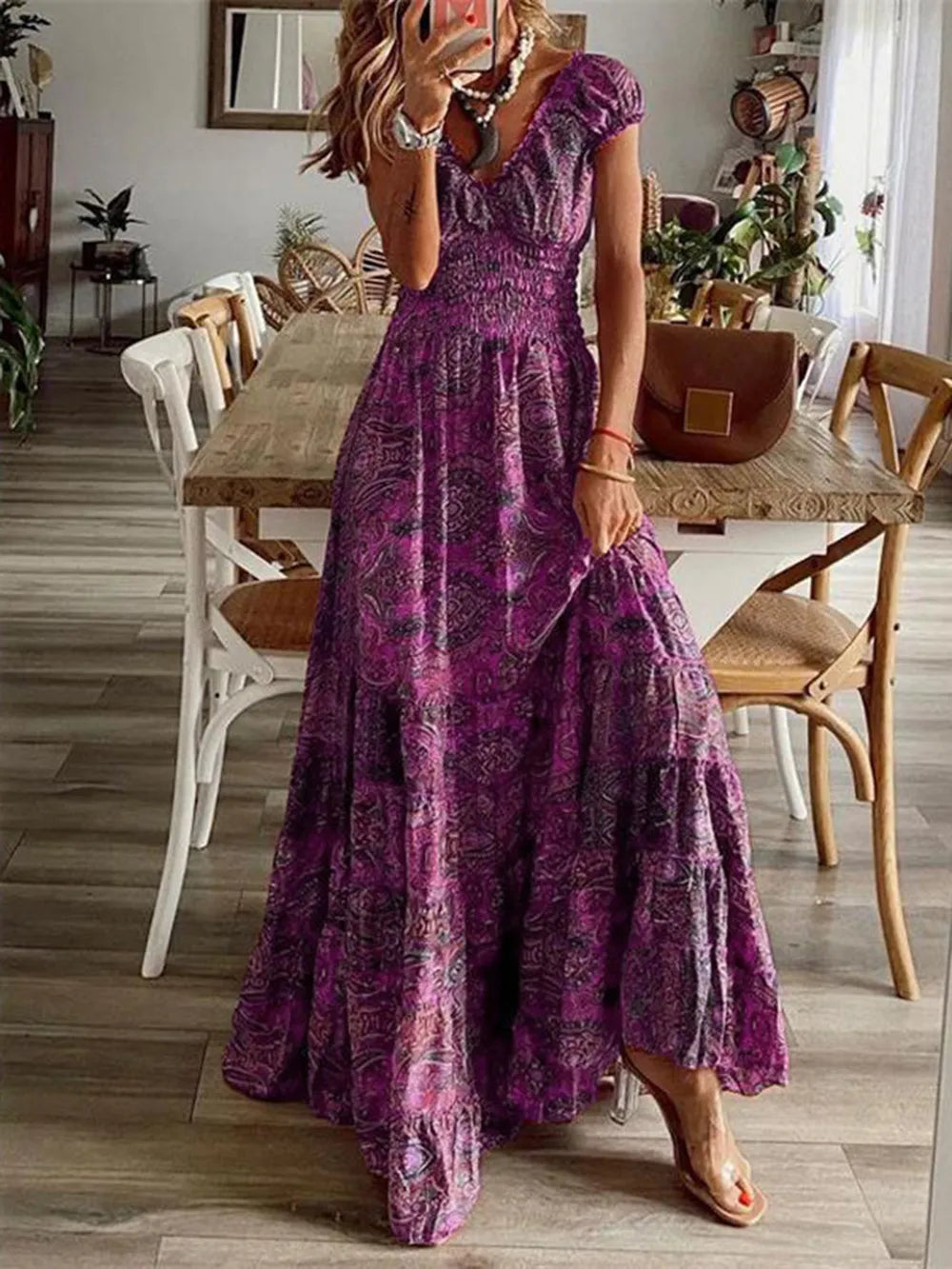 Smocked Printed V-Neck Short Sleeve Dress - product image 6