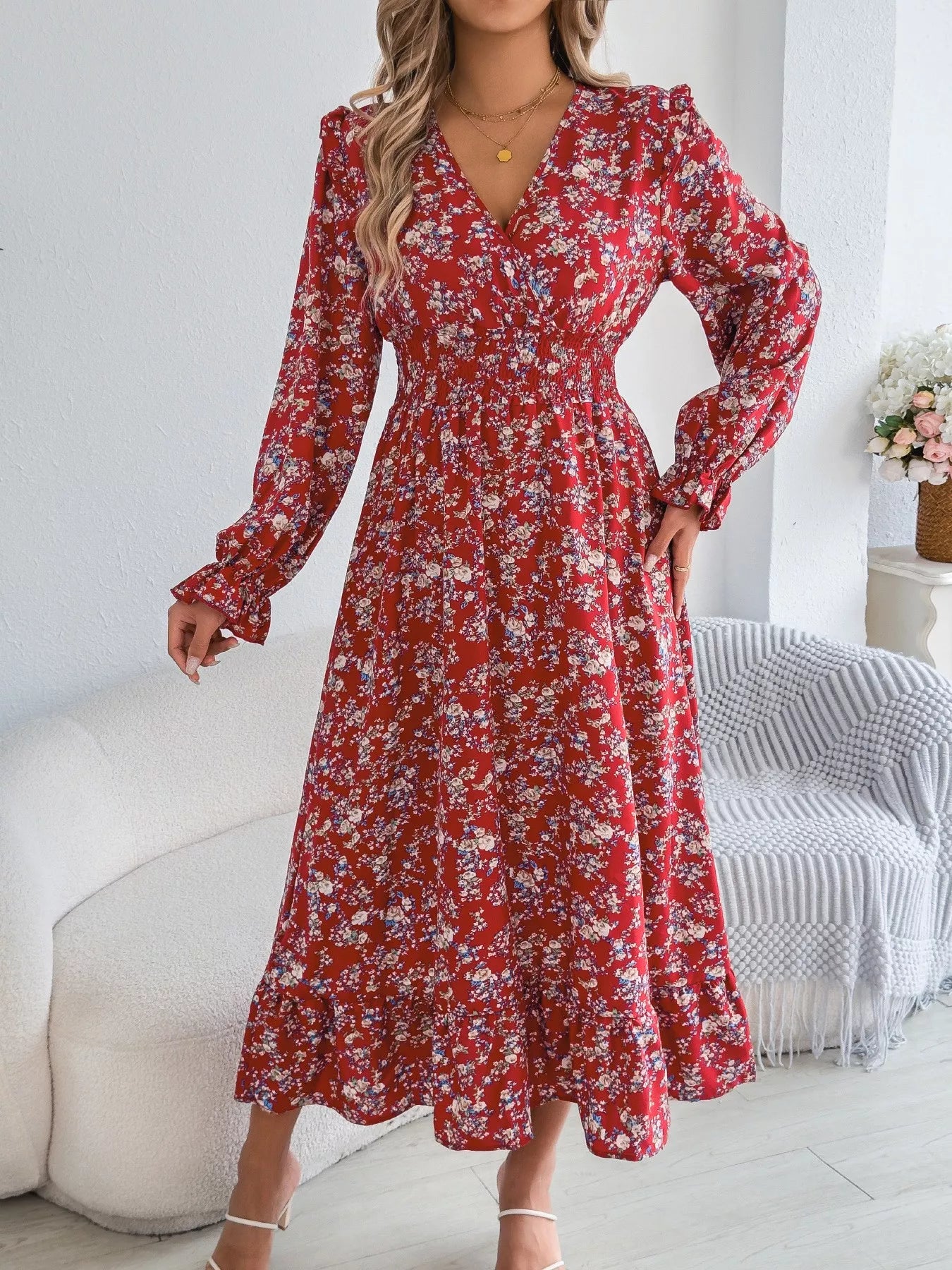 Ruffled Floral V-Neck Flounce Sleeve Dress - product image 12