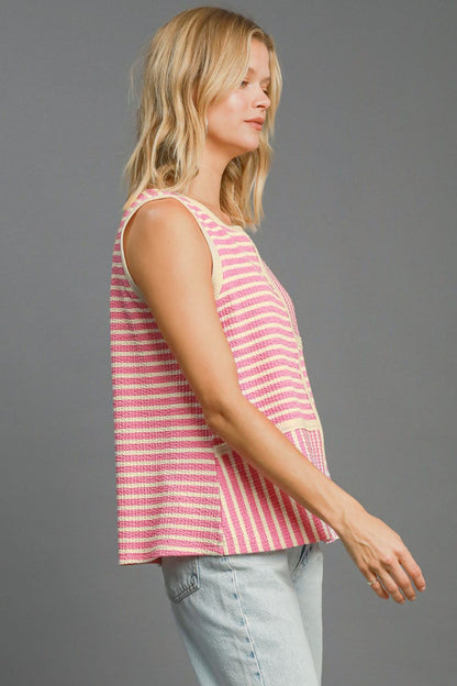 Umgee Round Neck Texture Striped Tank