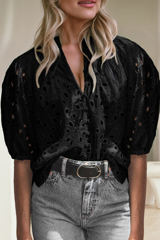 Eyelet Button Up Half Sleeve Blouse