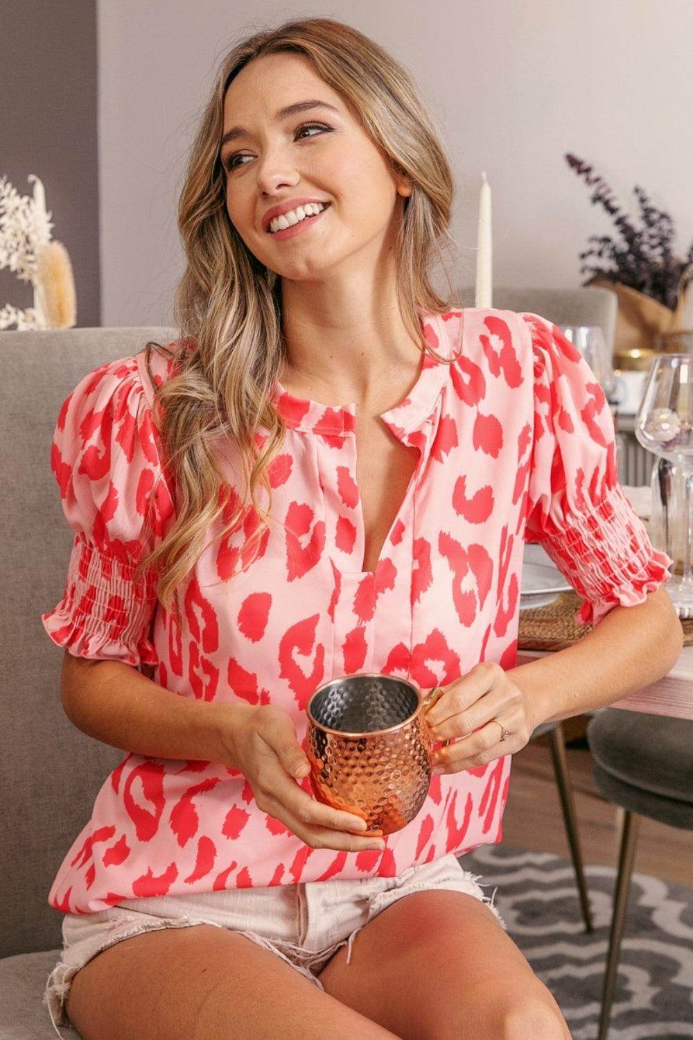 BiBi Leopard Smocked Short Sleeve Blouse for Trendy Style Secondary image