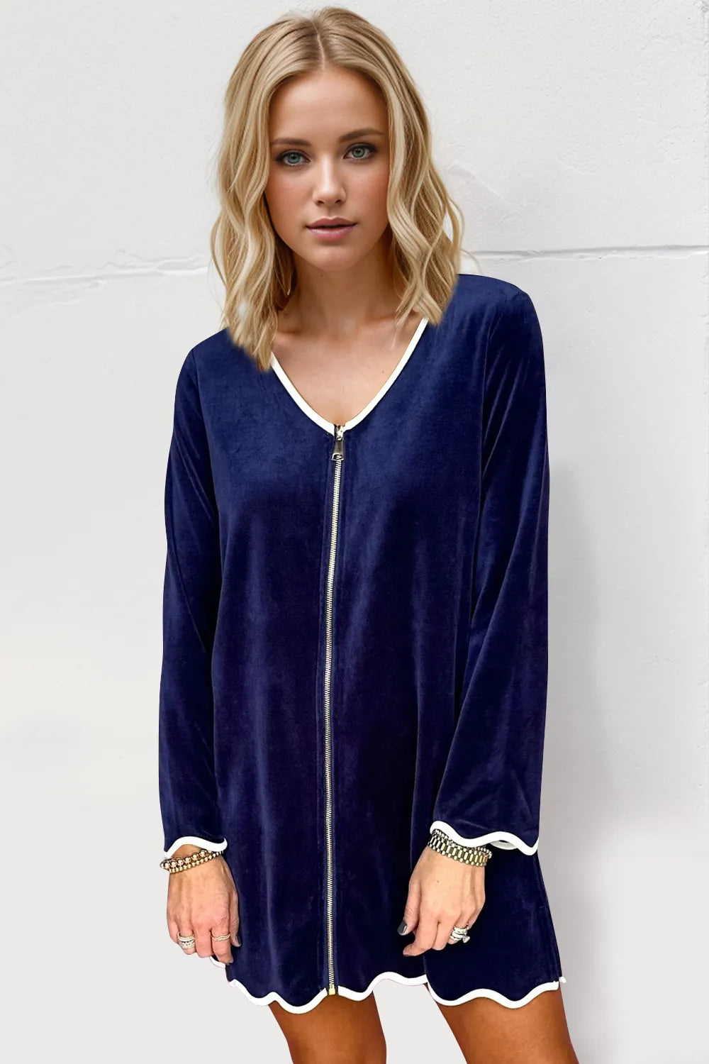 Double Take Wave Contrast Trim V-Neck Zip Up Long Sleeve Mini Dress view 2 - Shopiebay