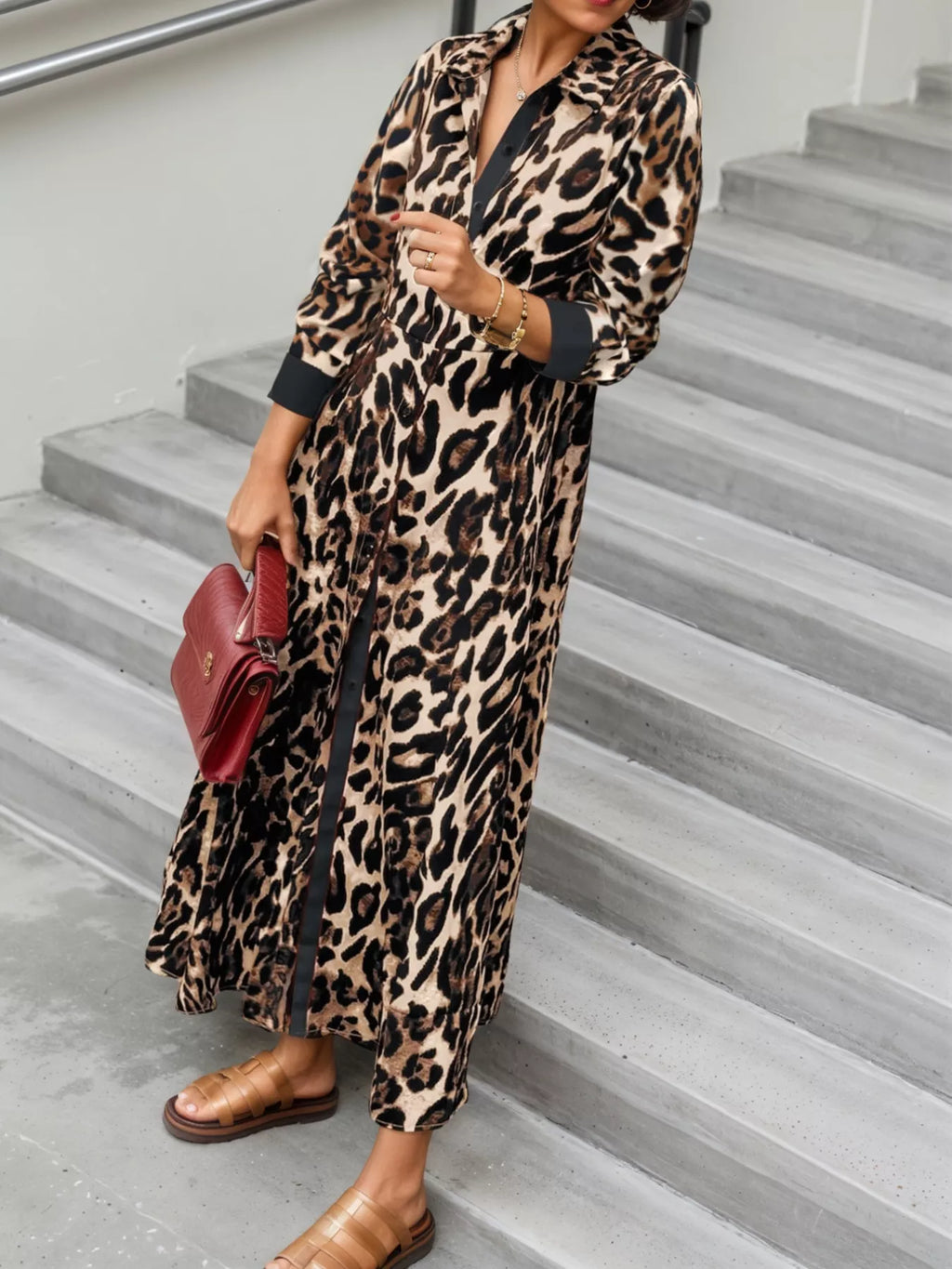 Leopard Print Long Sleeve Shirt Dress with Contrast Trim - product image 15