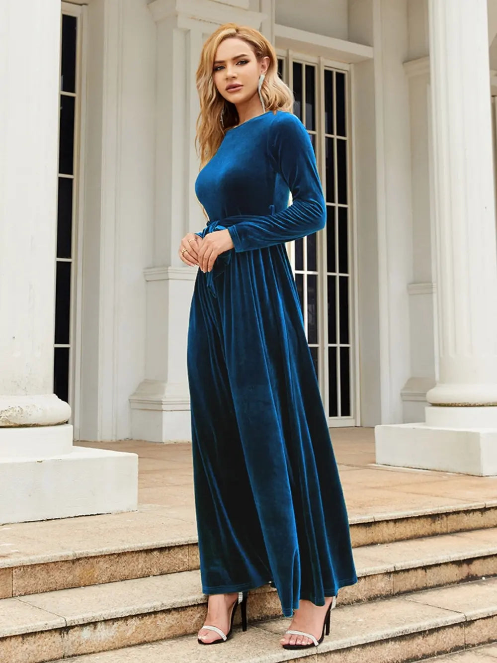Tie Front Round Neck Long Sleeve Maxi Dress - product image 15