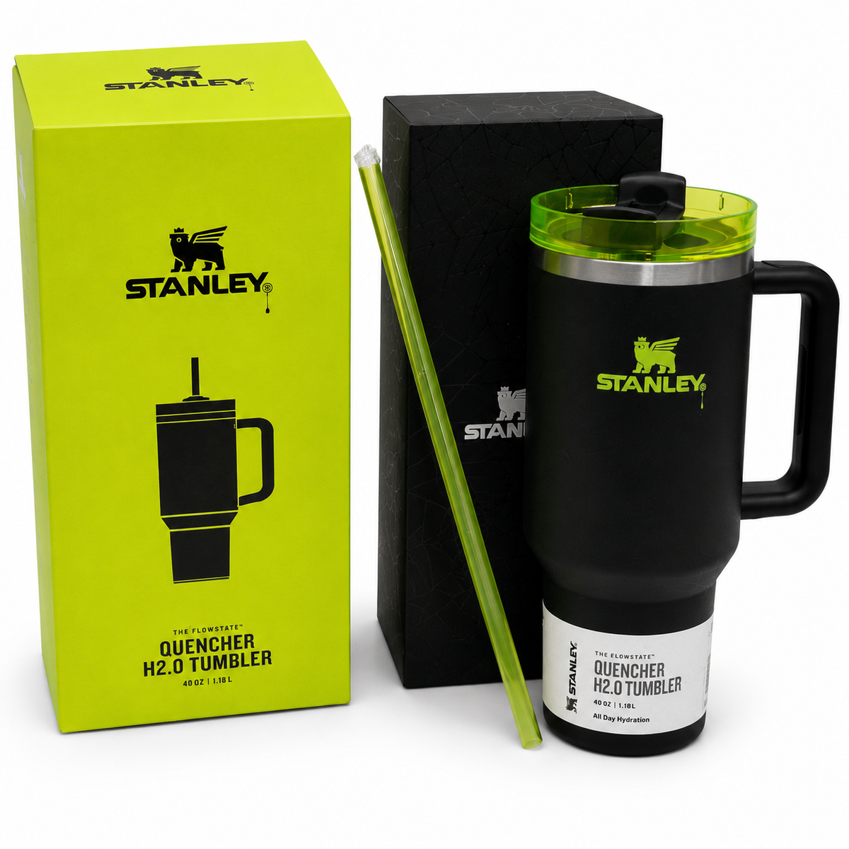 Stanley Quencher H2.0 Tumbler 40 oz – Black with Lime Green Lid & Straw