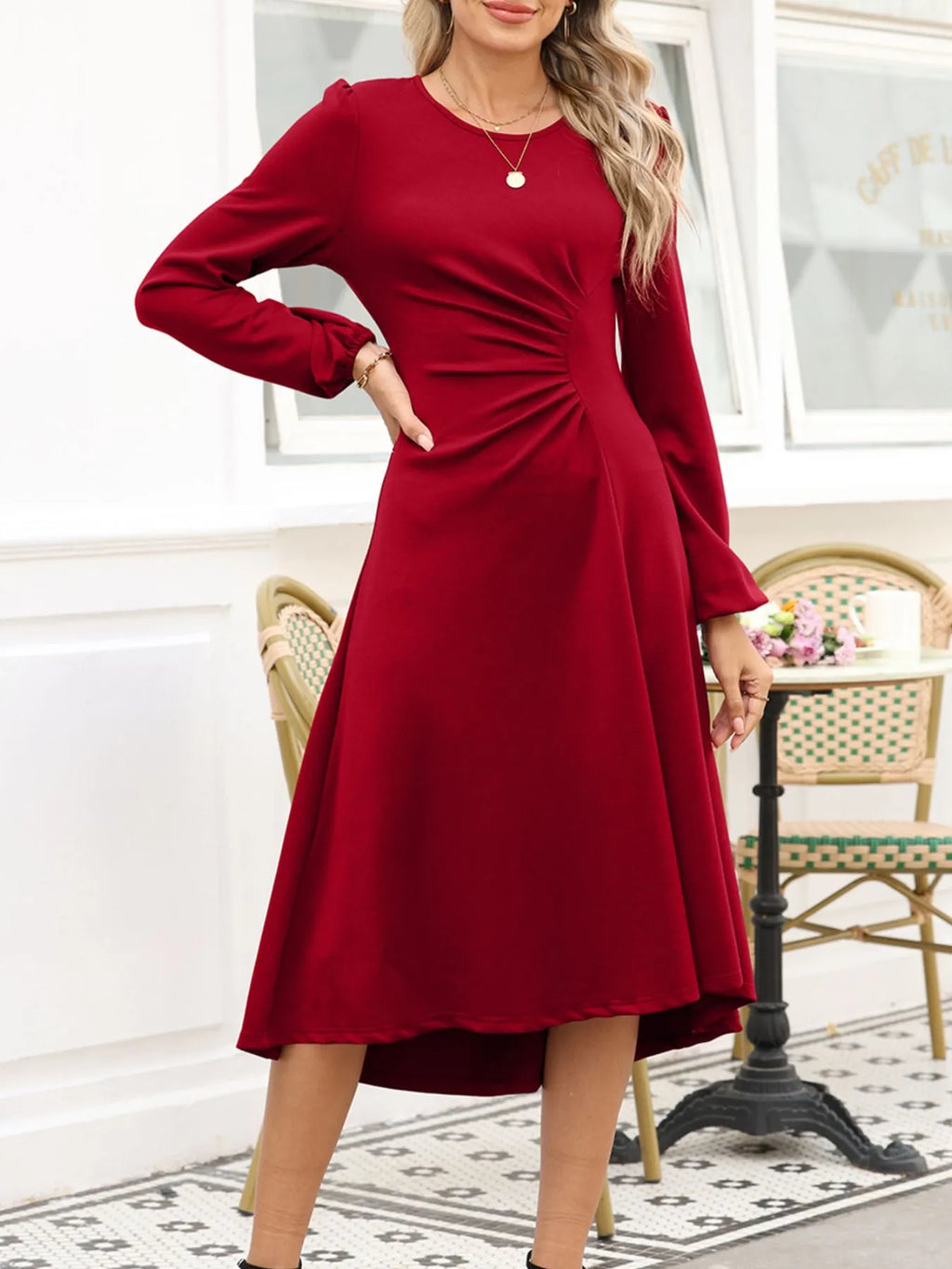 Solid Color Ruched Detail Long Sleeve Midi Dress - product image 20