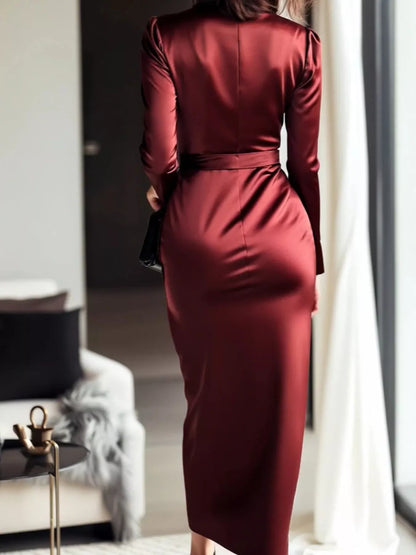 Satin Wrap Long Sleeve Midi Dress view 2 - Shopiebay