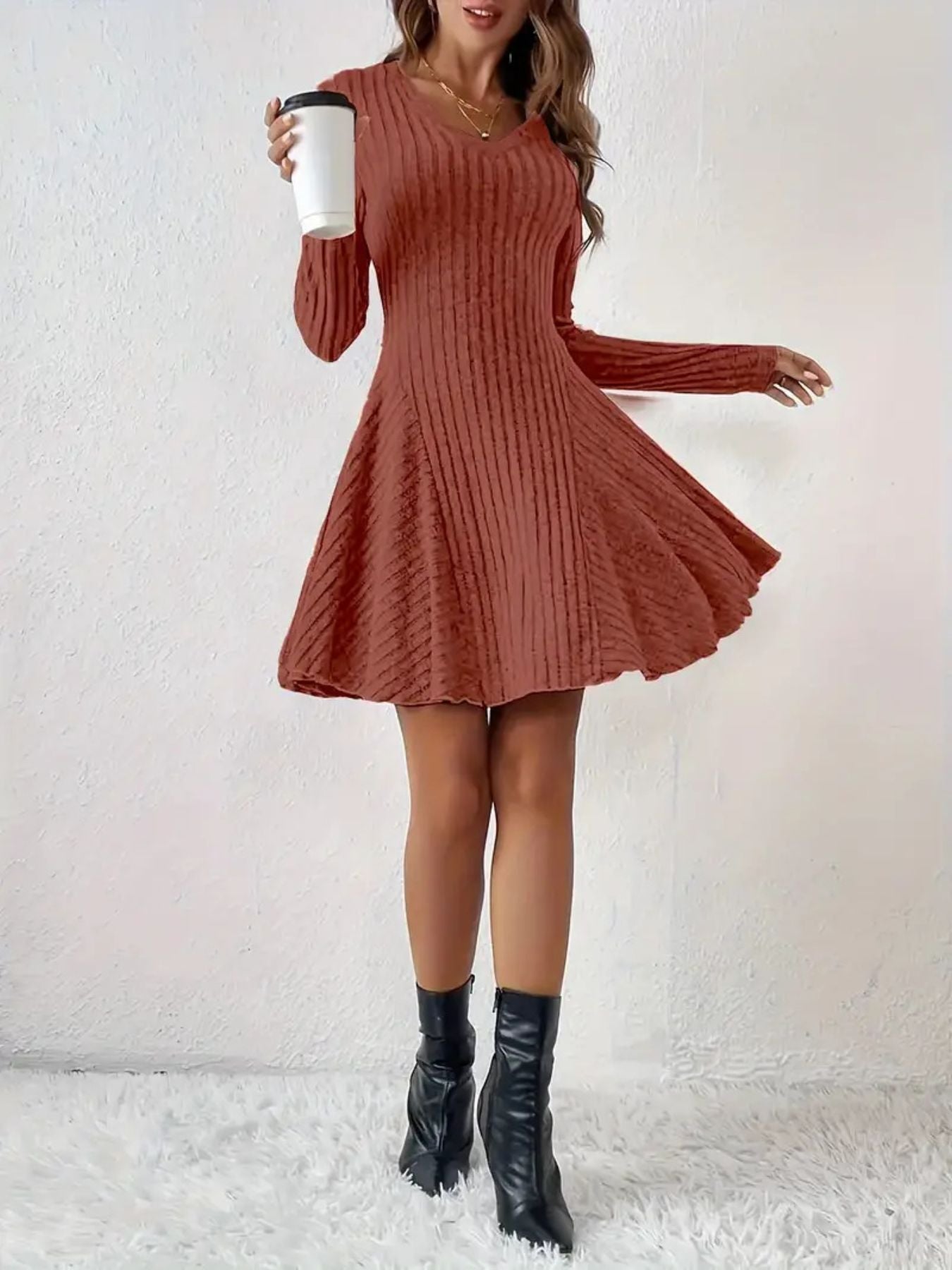 Ribbed Knit Long Sleeve A-Line Dress - product image 23
