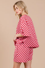 Ces Femme Checkered Round Neck Top and Shorts Set