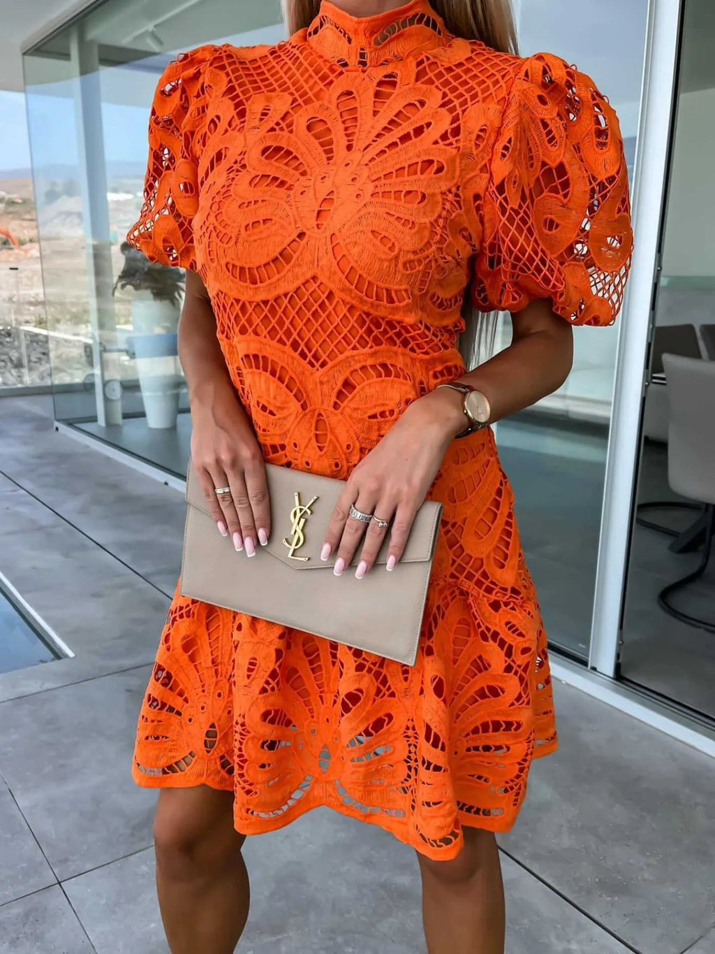 Lace Mock Neck Puff Sleeve Dress - product image 10