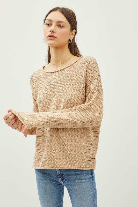 Be Cool Rolled Openwork Round Neck Sweater