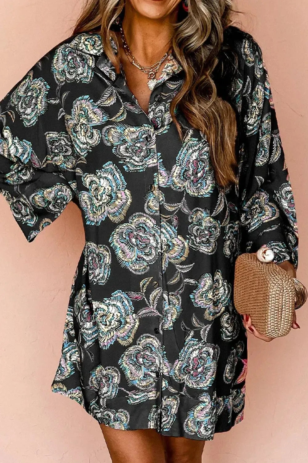Printed Button Up Three-Quarter Sleeve Shirt Dress - product image 5