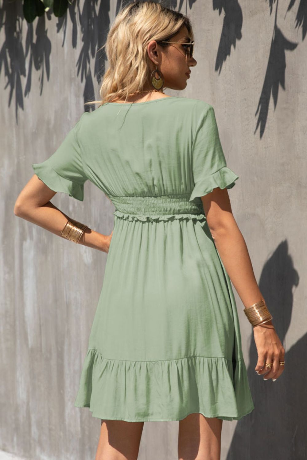 Smocked Waist Flounce Sleeve Ruffle Hem Dress