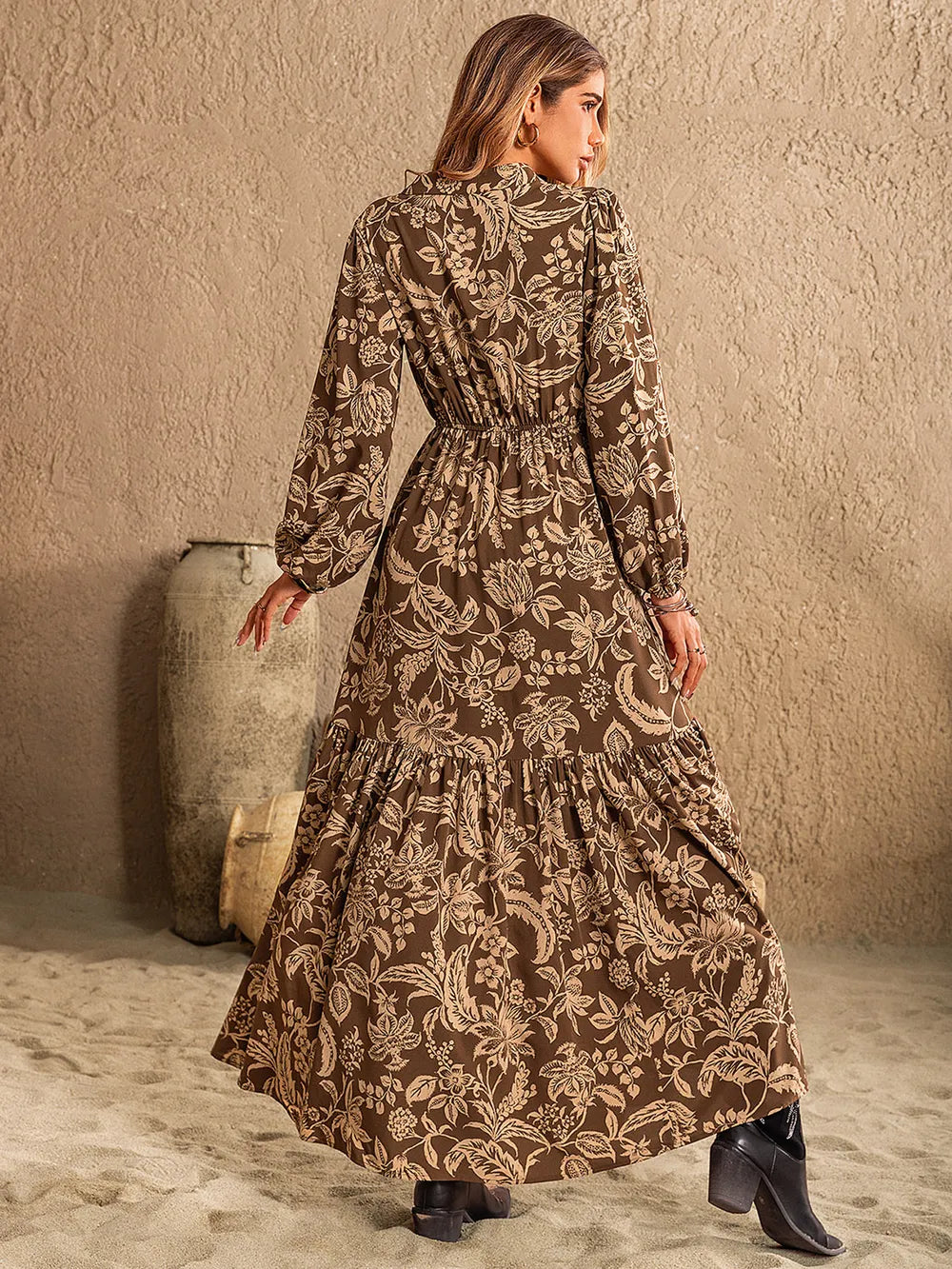 Ruched Printed Notched Long Sleeve Maxi Dress - product image 2
