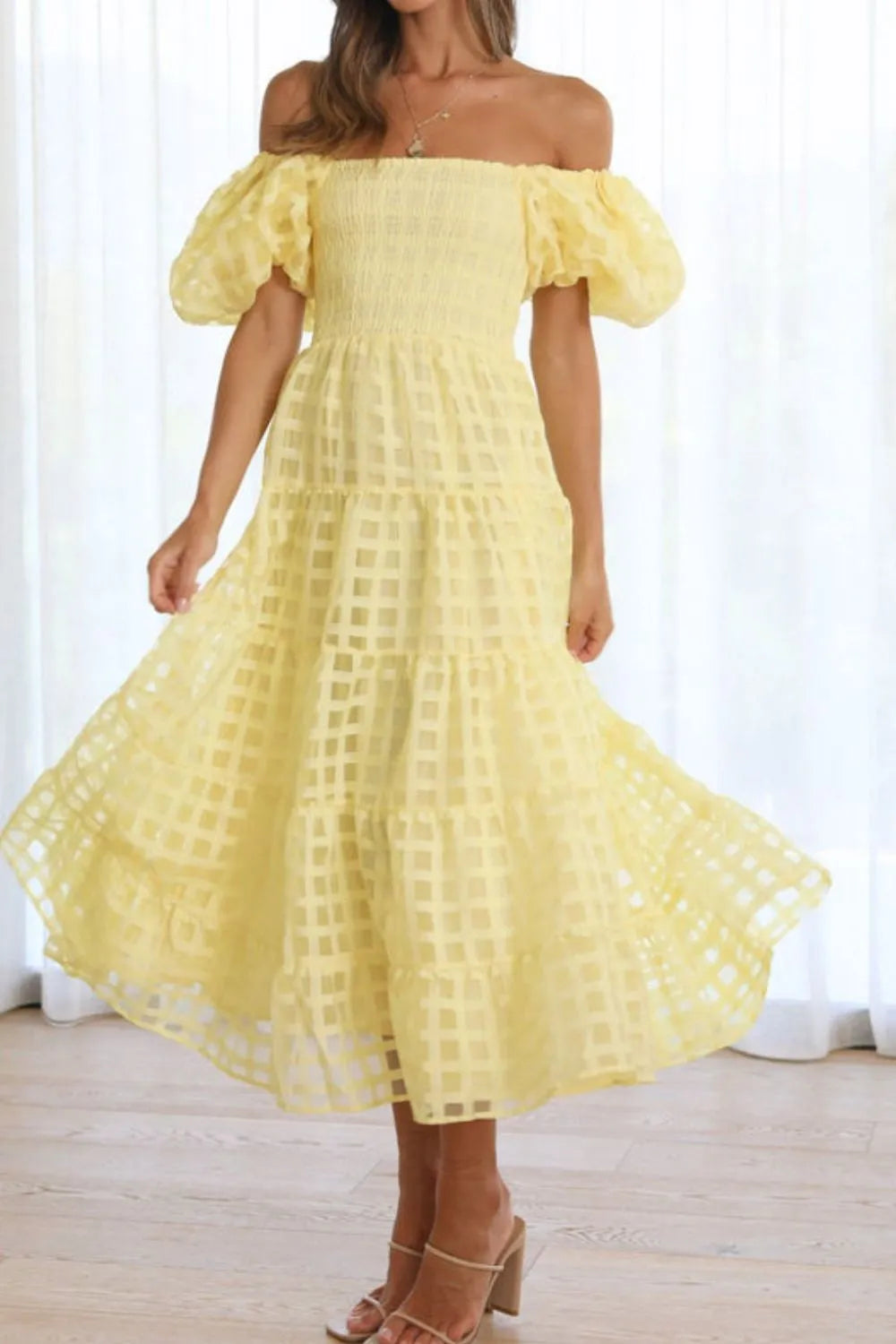 Off Shoulder Short Puff Sleeve Midi Dress view 10 - Shopiebay