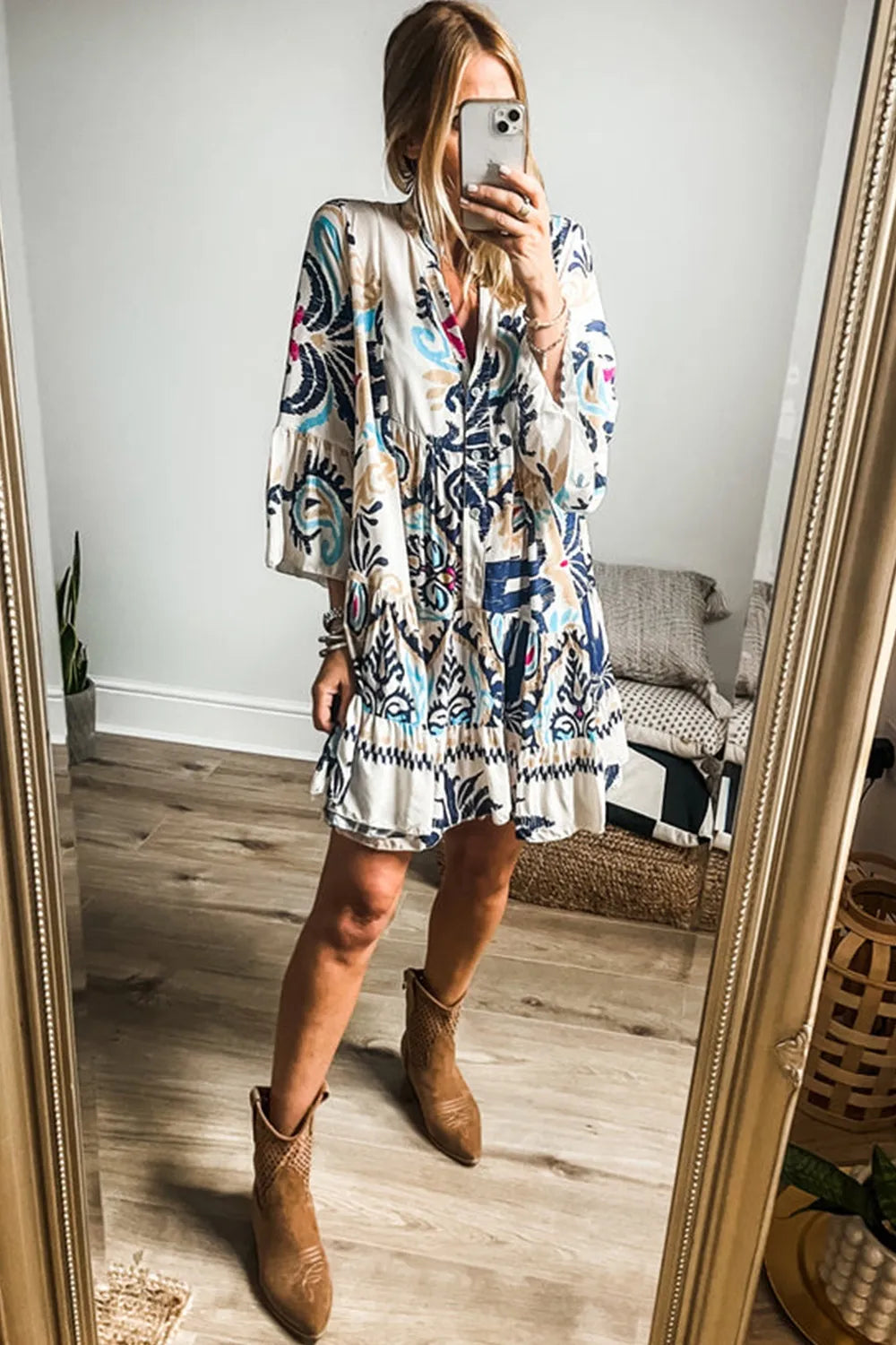 Printed Notched Three-Quarter Sleeve Mini Dress - product image 4