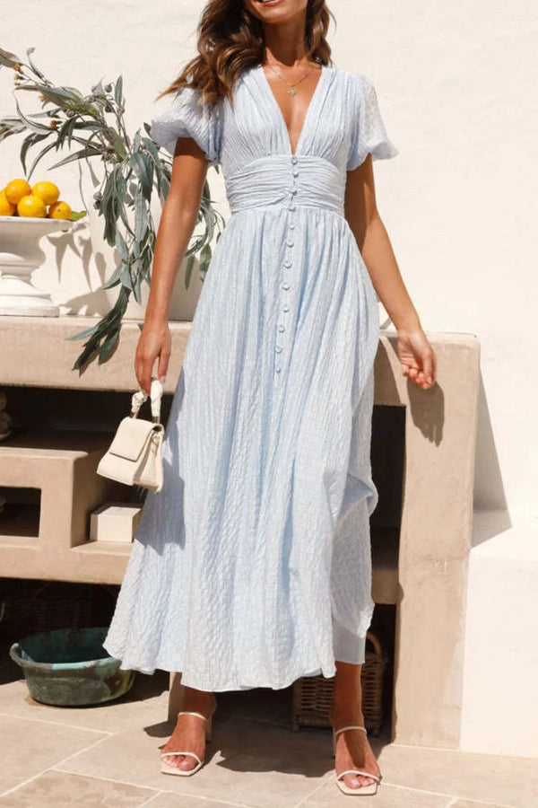 V-Neck Puff Short Sleeve Midi Dress - product image 4