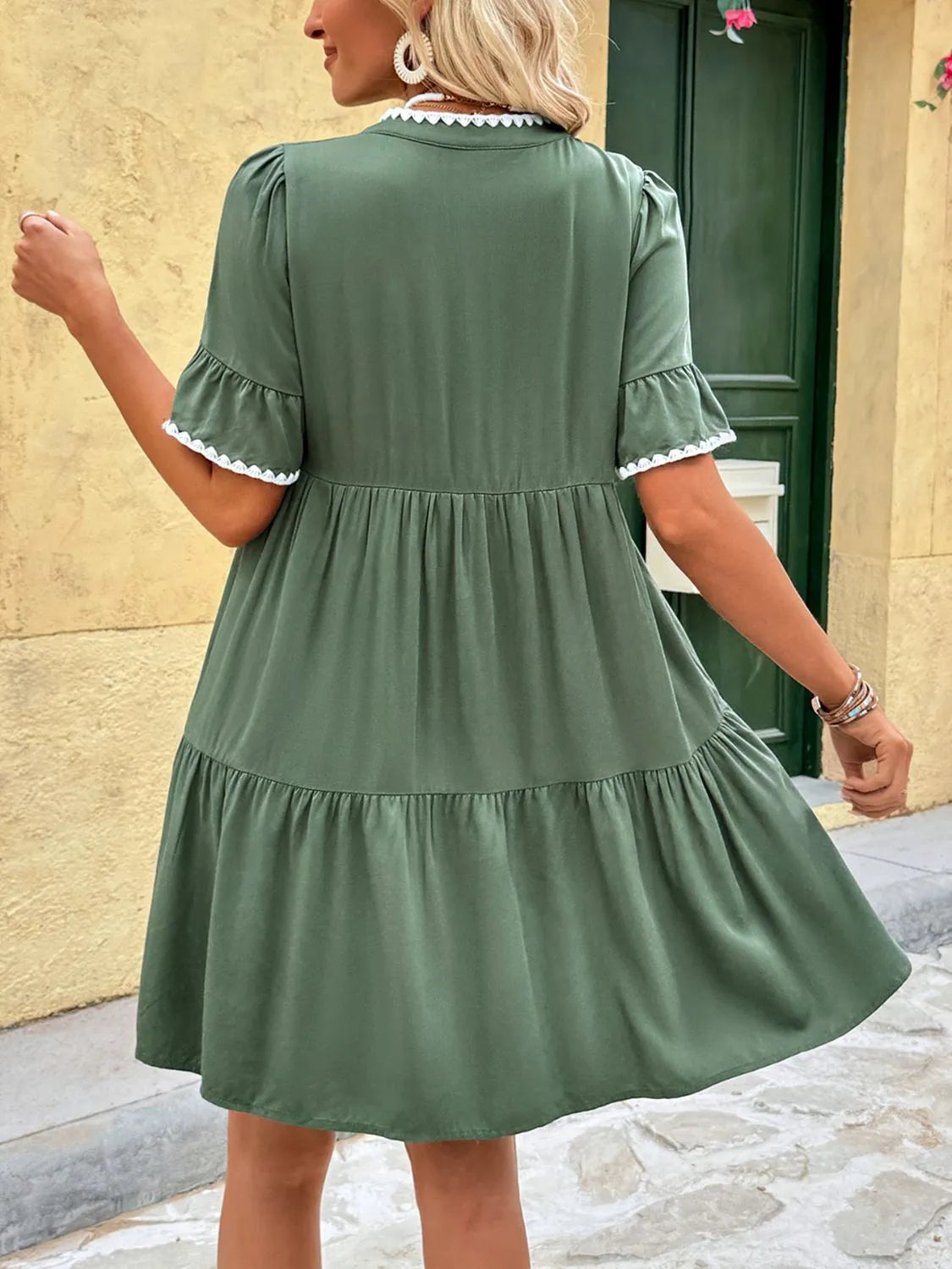 Lace Detail Notched Flounce Sleeve Mini Dress view 4 - Shopiebay
