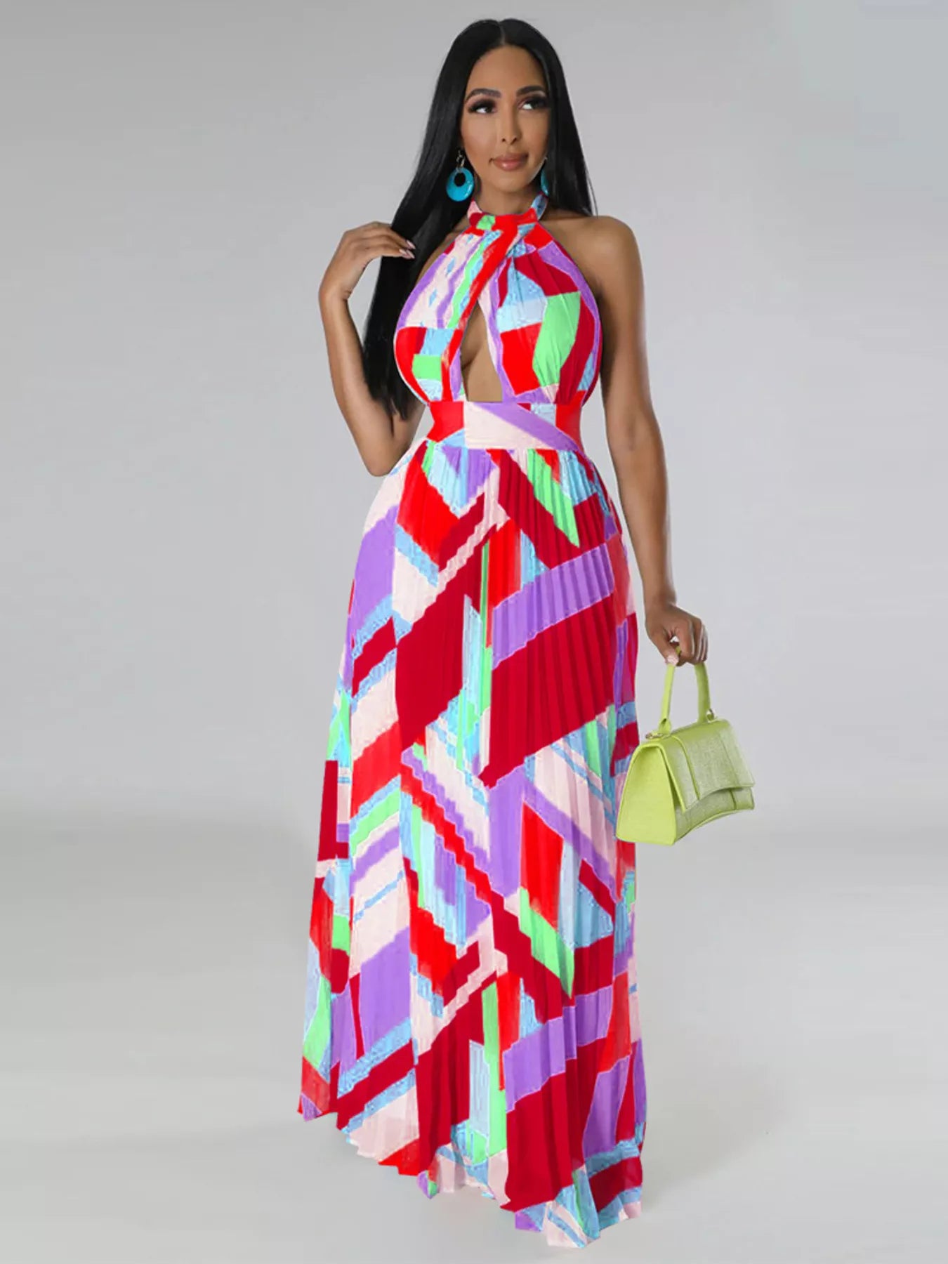 Halter Neck Geometric Print Pleated Maxi Dress - product image 4