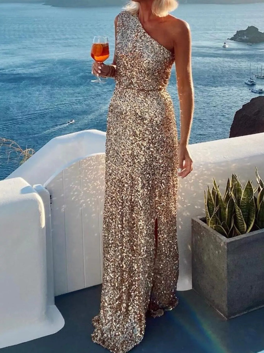 Sequin One-Shoulder Slit Maxi Dress - product image 3