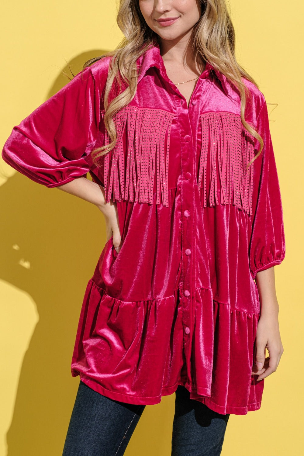 And The Why Fringe Detailed Velvet Shirt Dress