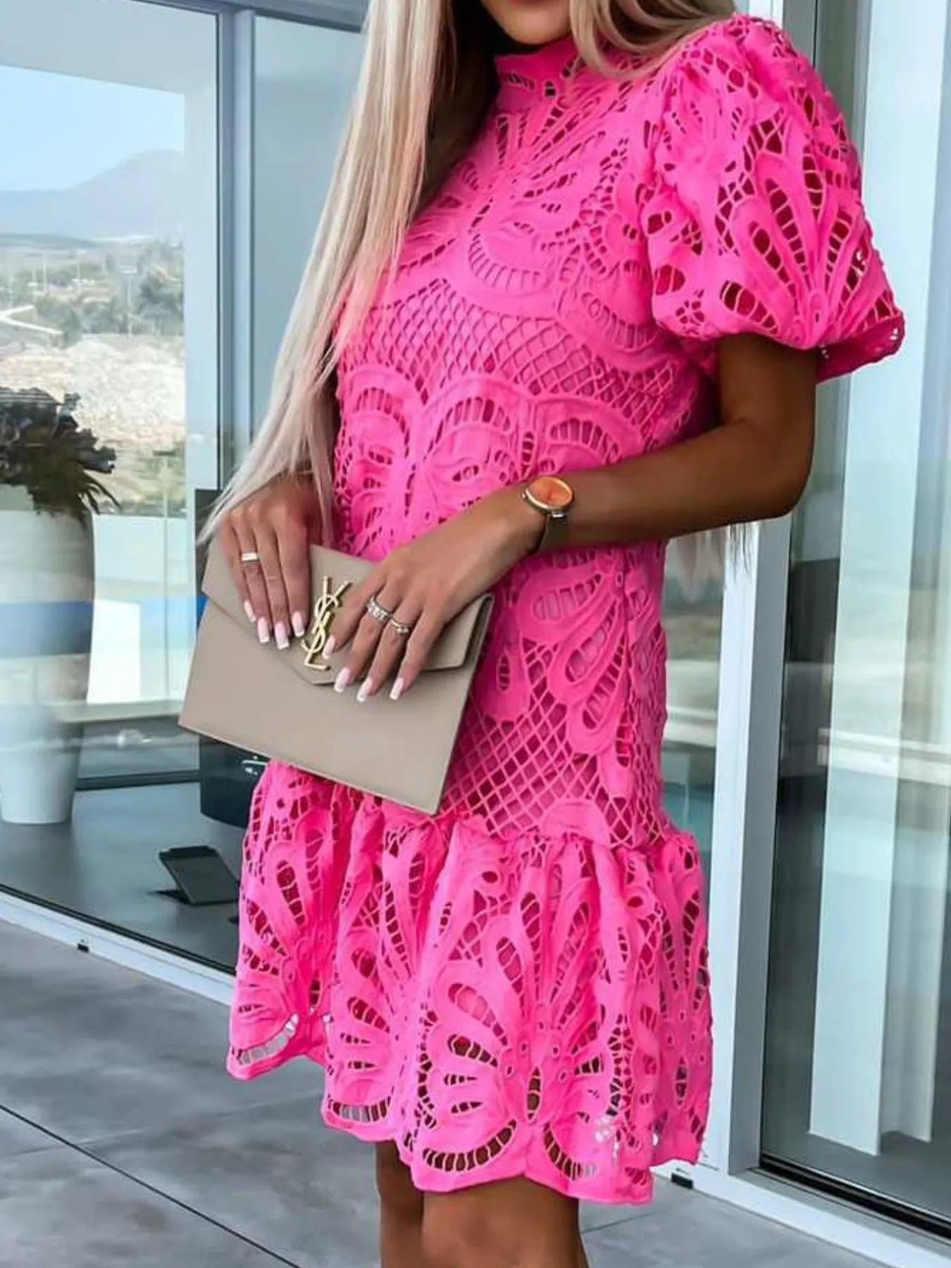 Lace Mock Neck Puff Sleeve Dress - product image 6