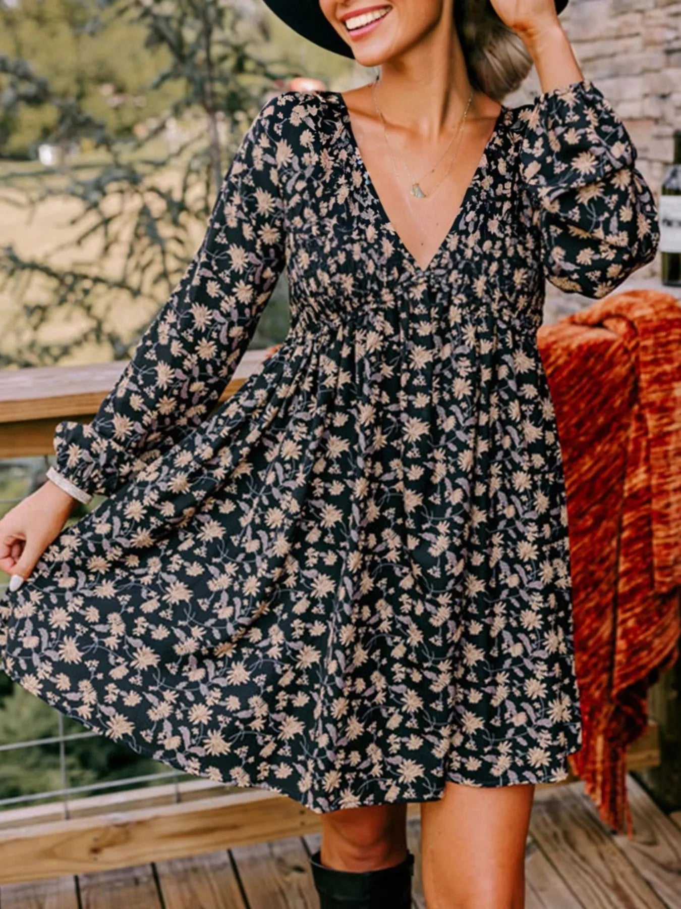 Floral Deep V Neck Smocked Bust Bubble Sleeve Babydoll Dress Main image