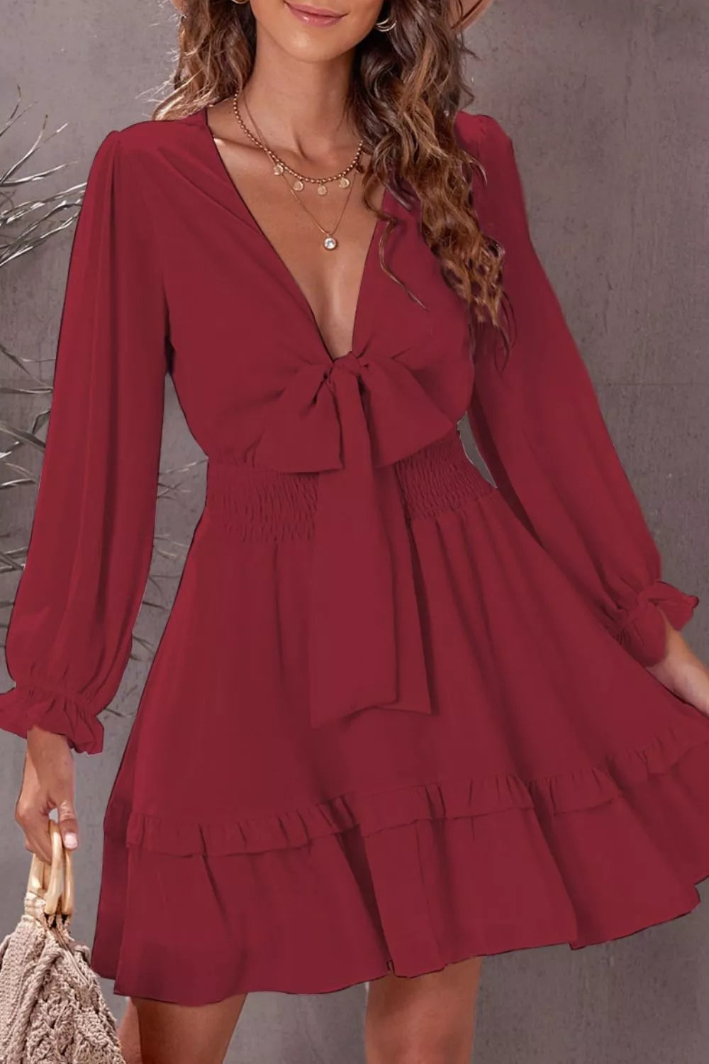 Elegant Tie-Front Ruffle Mini Dress with Smocked Wiast - product image 14