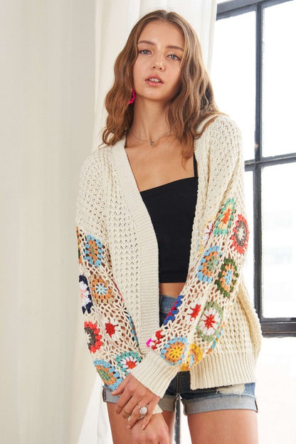 ADORA Plus Size Contrast Crochet Open Front Long Sleeve Cardigan