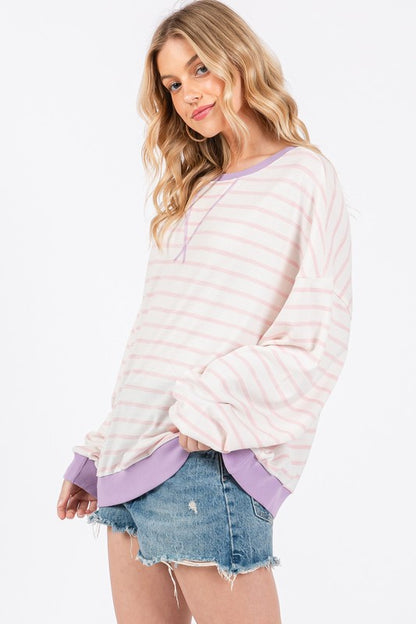 Ces Femme Striped Round Neck Drop Shoulder Sweatshirt