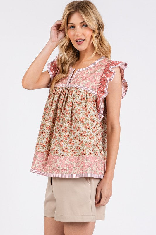 Mittoshop Floral Notched Ruffled Cap Sleeve Blouse